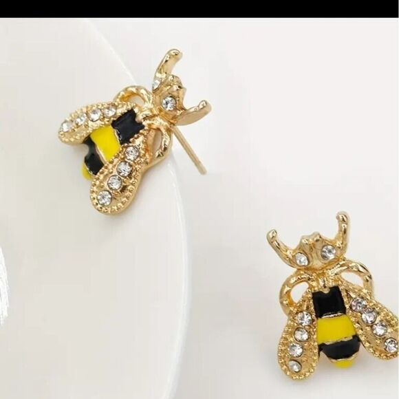 "Anita" 14K Gold Bumblebee Stud Earrings – Tiny Bees, Big Style Buzz - Picture 2 of 5